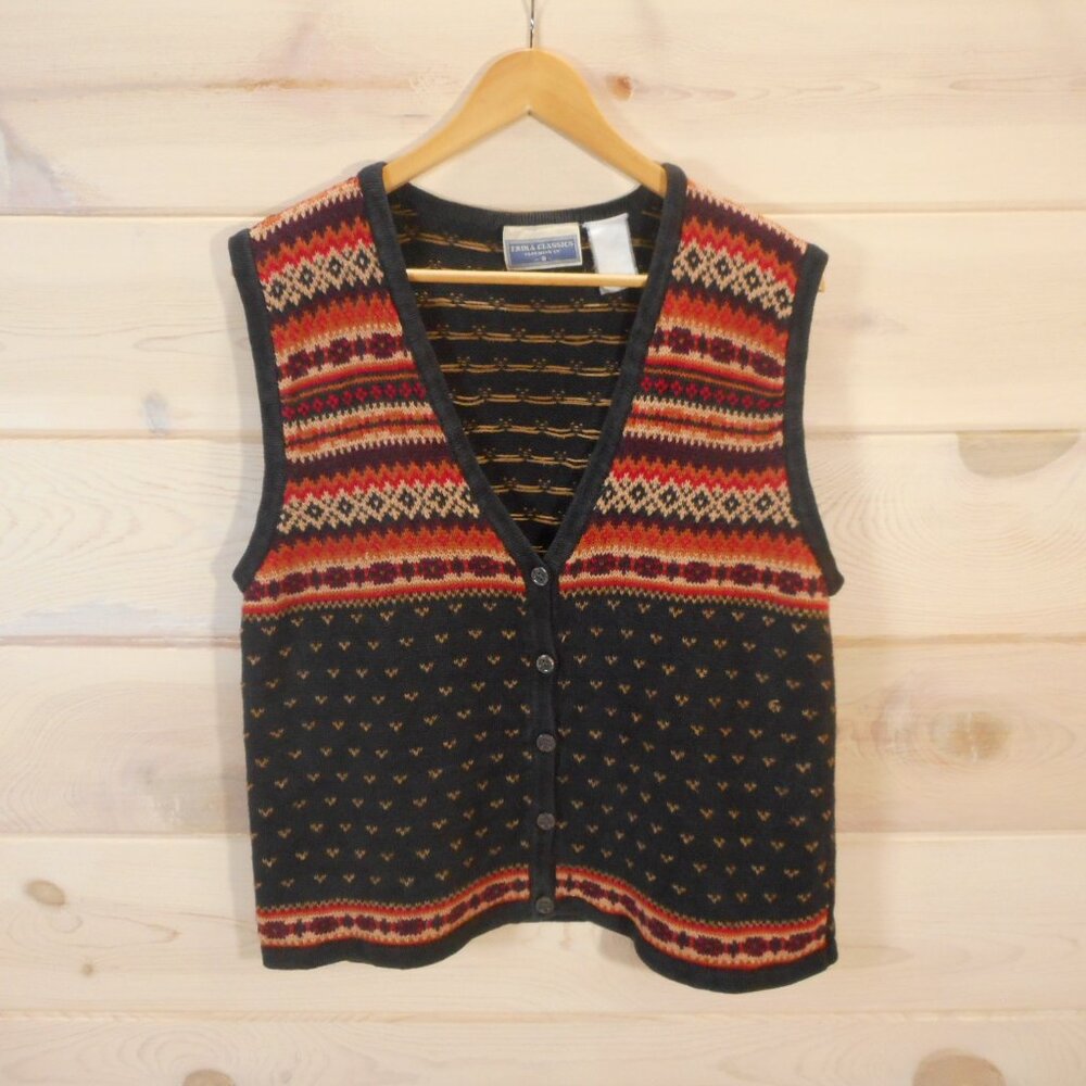 Vintage Erika Classics Women's Large Sweater Vest Button-up V-neck Autumn Colors